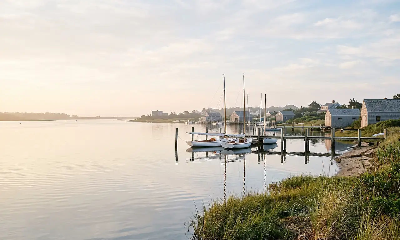 Early morning light over a quiet harbour with sailboats moored at a wooden dock.