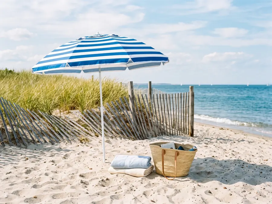 A striped beach umbrella, towels and a straw bag on a sandy beach by the dunes.
