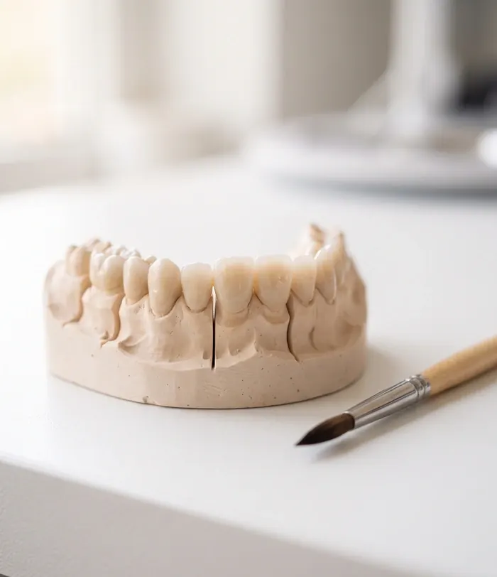 A dental stone model of a row of teeth beside a fine brush, on a white bench.