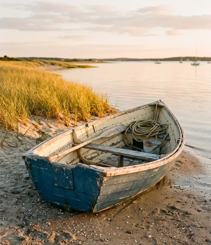 A weathered wooden dory pulled up on the sand beside dune grass at golden hour.