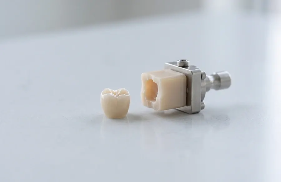 A tooth-coloured ceramic crown beside the ceramic block it was milled from.
