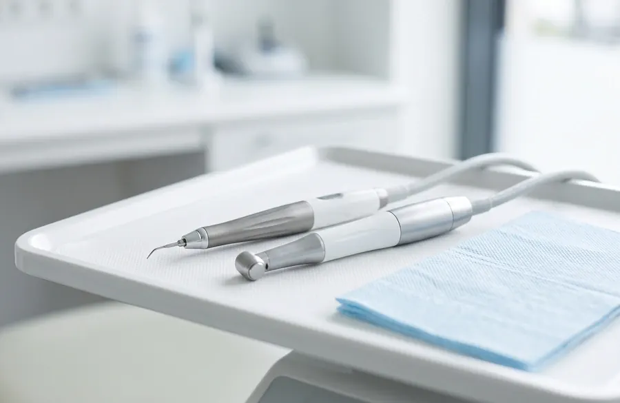 Two slim dental handpieces on a white treatment tray beside a blue napkin.