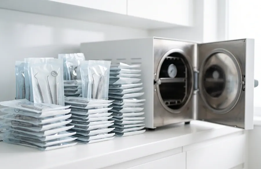 Sealed sterilisation pouches of dental instruments beside an autoclave.